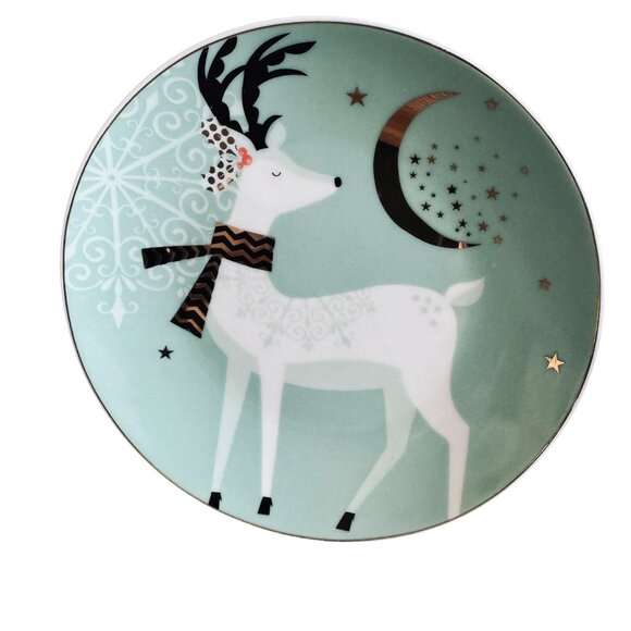Vintage Pier 1 Christmas Reindeer Appetizer Dessert Plates Set Of 2 Aqua Festive - Picture 4 of 16